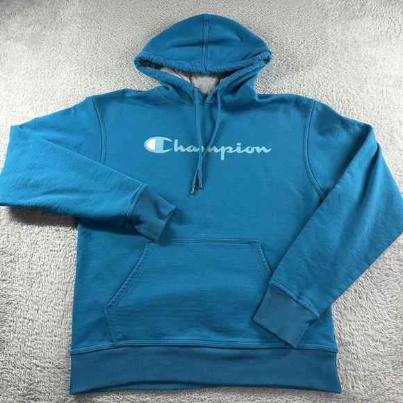 Champion Hoodie Mens Medium Blue Spellout Logo Colorblock Hood‎ Sweater - Picture 1 of 8
